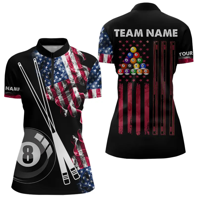 Blisscorners Personalized US Flag Smoke 8 Ball Pool Billiard Shirt For Men Custom Patriotic Billiard Team Jersey