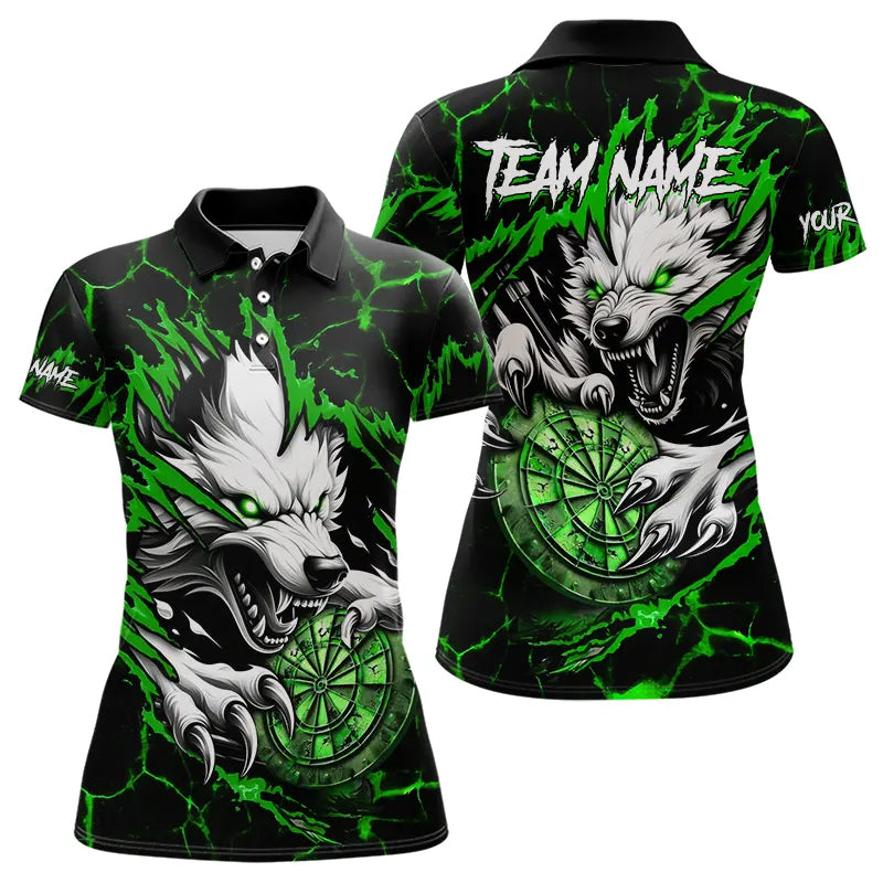 Blisscorners Personalized Wolf Lightning Darts Polo & Quarter Zip Custom Dart Shirts For Men Darts Jersey |Green