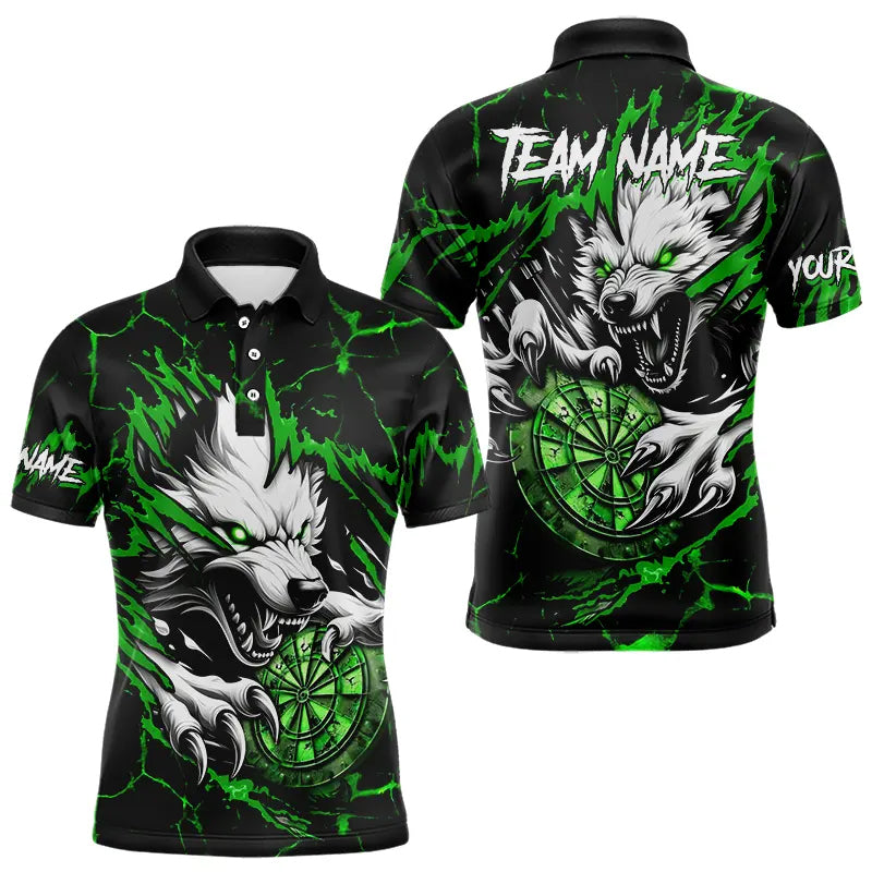 Blisscorners Personalized Wolf Lightning Darts Polo & Quarter Zip Custom Dart Shirts For Men Darts Jersey |Green