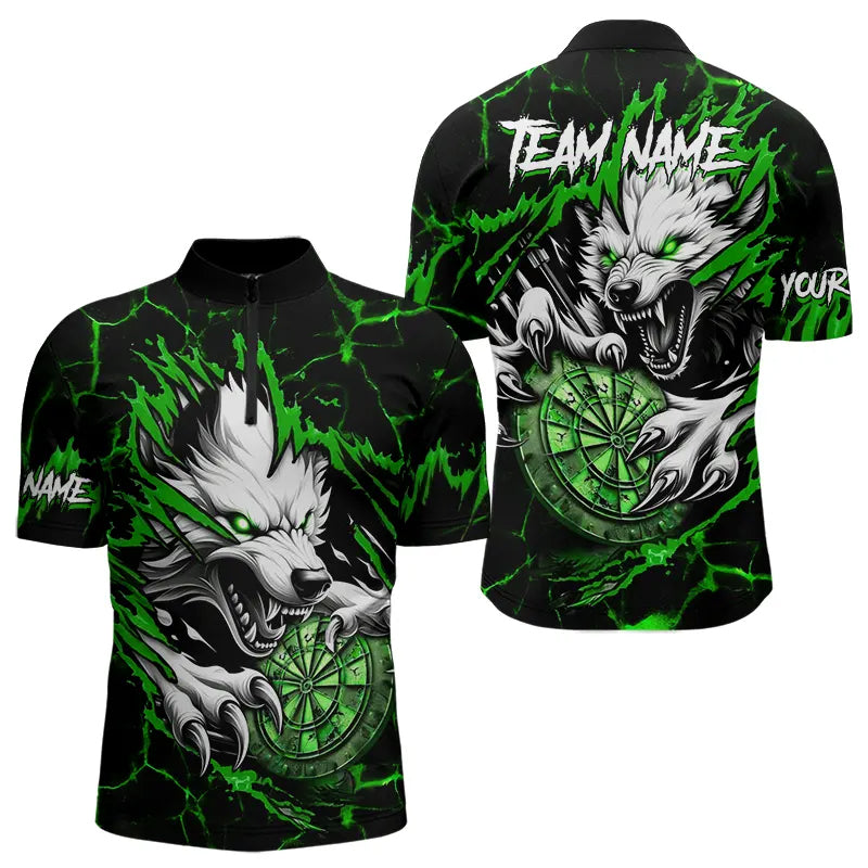 Blisscorners Personalized Wolf Lightning Darts Polo & Quarter Zip Custom Dart Shirts For Men Darts Jersey |Green