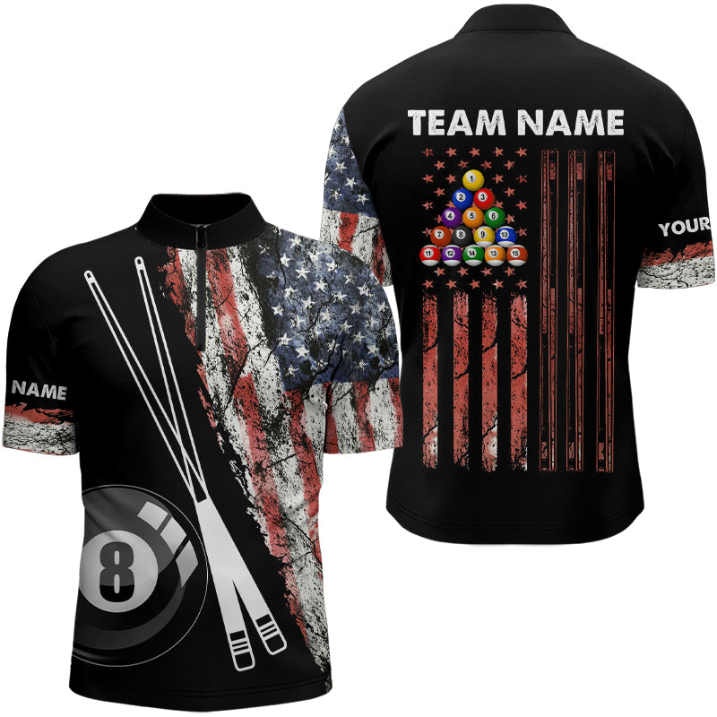 Blisscorners Retro Grunge American Flag 8 Ball Pool Billiard Shirt For Men Custom Patriotic Billiard Team Jersey
