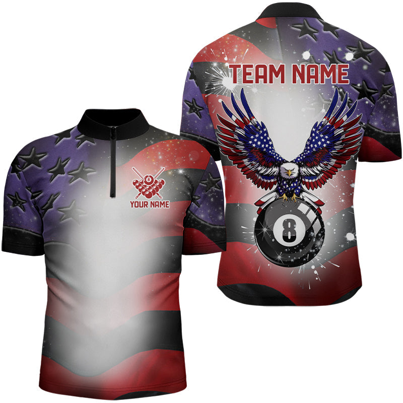 Blisscorners Grey Glowing American Flag Eagle 8 Ball Pool Billiard Shirts For Men Custom Patriotic Billiard Jerseys