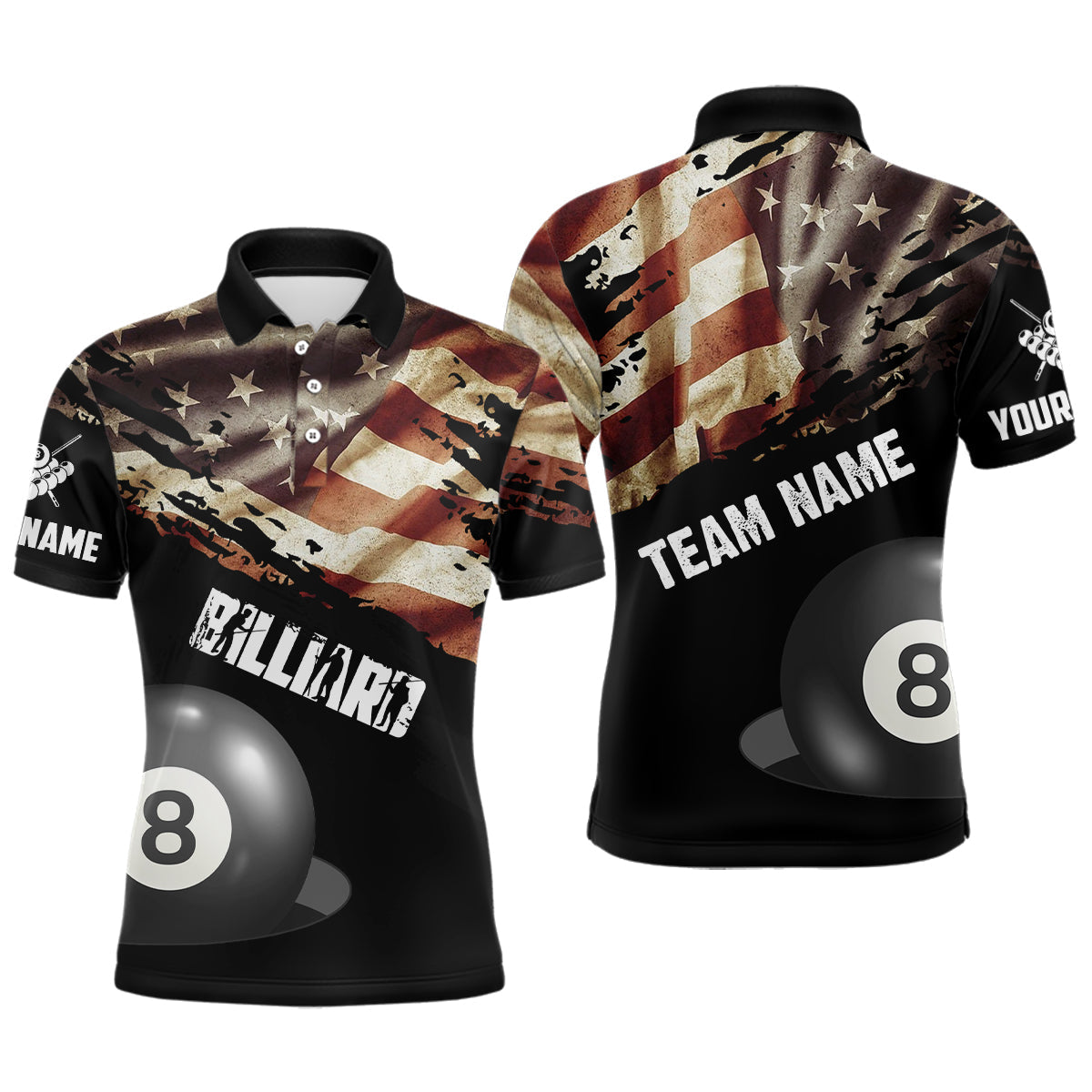 Blisscorners Personalized Retro American Flag 8 Ball Billiard Shirts For Men Custom Patriotic Billiard