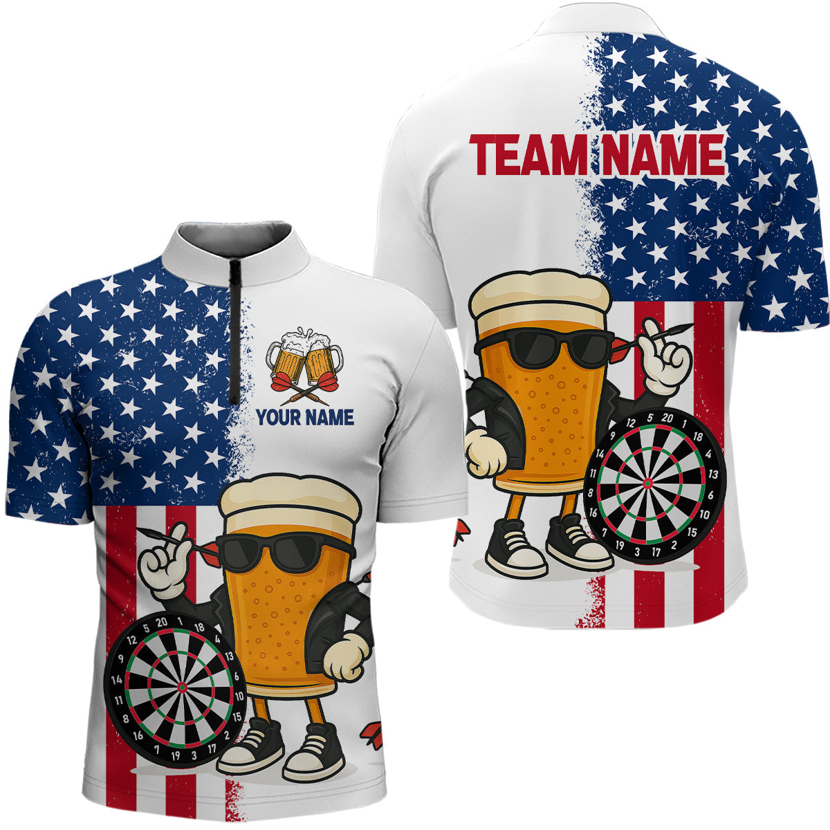 Blisscorners Funny Beer American Flag Dart Shirts For Men Custom Patriotic Darts Team Jerseys Polo & 1/4 Zip MT1706