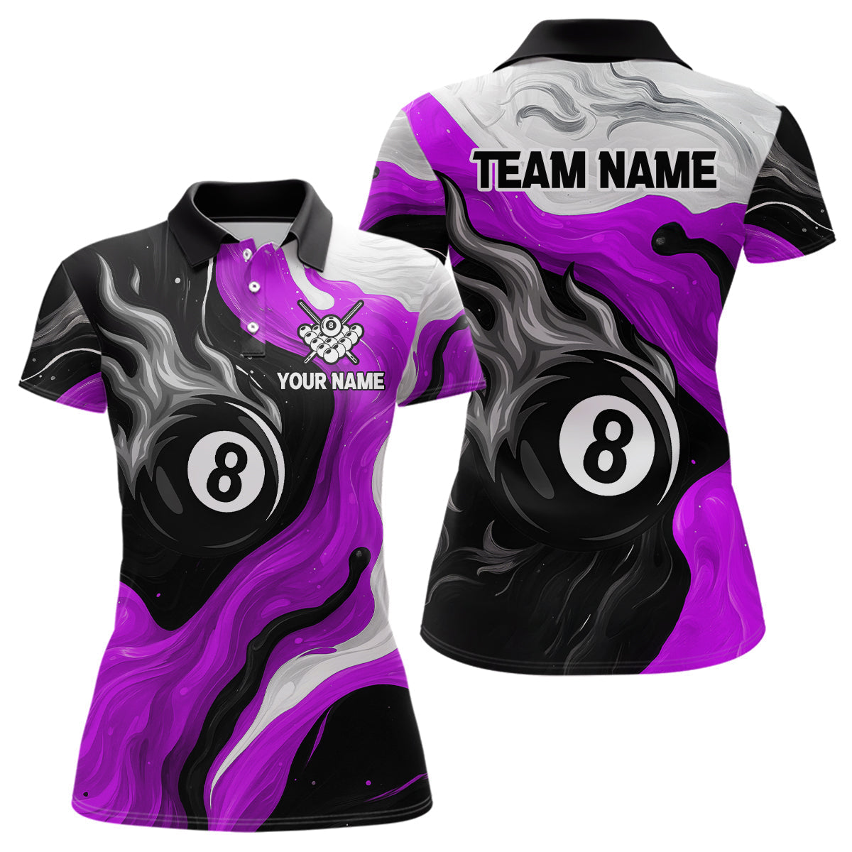 Blisscorners Personalized Black, Purple And White 8 Ball Flame Billiard Shirt For Men Custom Pool Team Jerseys LM2206