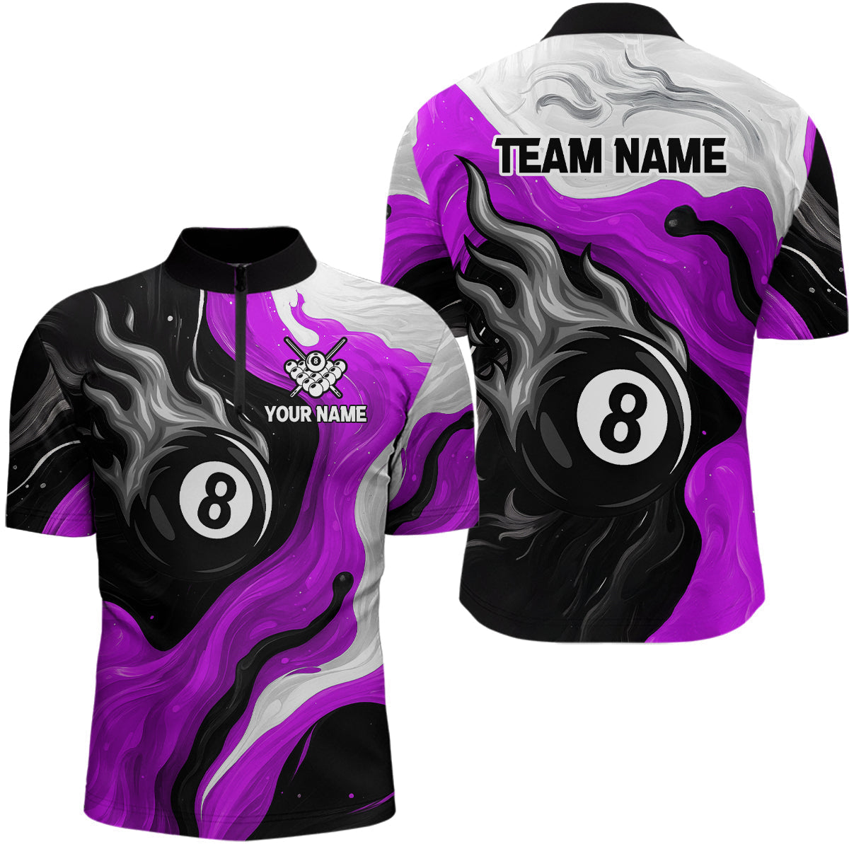 Blisscorners Personalized Black, Purple And White 8 Ball Flame Billiard Shirt For Men Custom Pool Team Jerseys LM2206