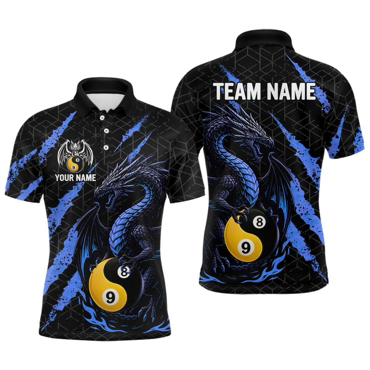 Blisscorners Custom Black And Blue Yin Yang 8 Ball & 9 Ball Dragon Billiard Shirts For Men |Pool Team Jerseys MT1007