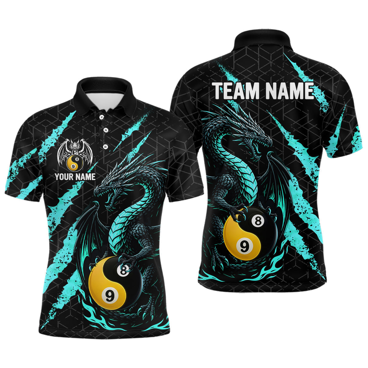 Blisscorners Custom Black Turquoise Yin Yang 8 Ball & 9 Ball Dragon Billiard Shirts For Men |Pool Team Jerseys MT1007