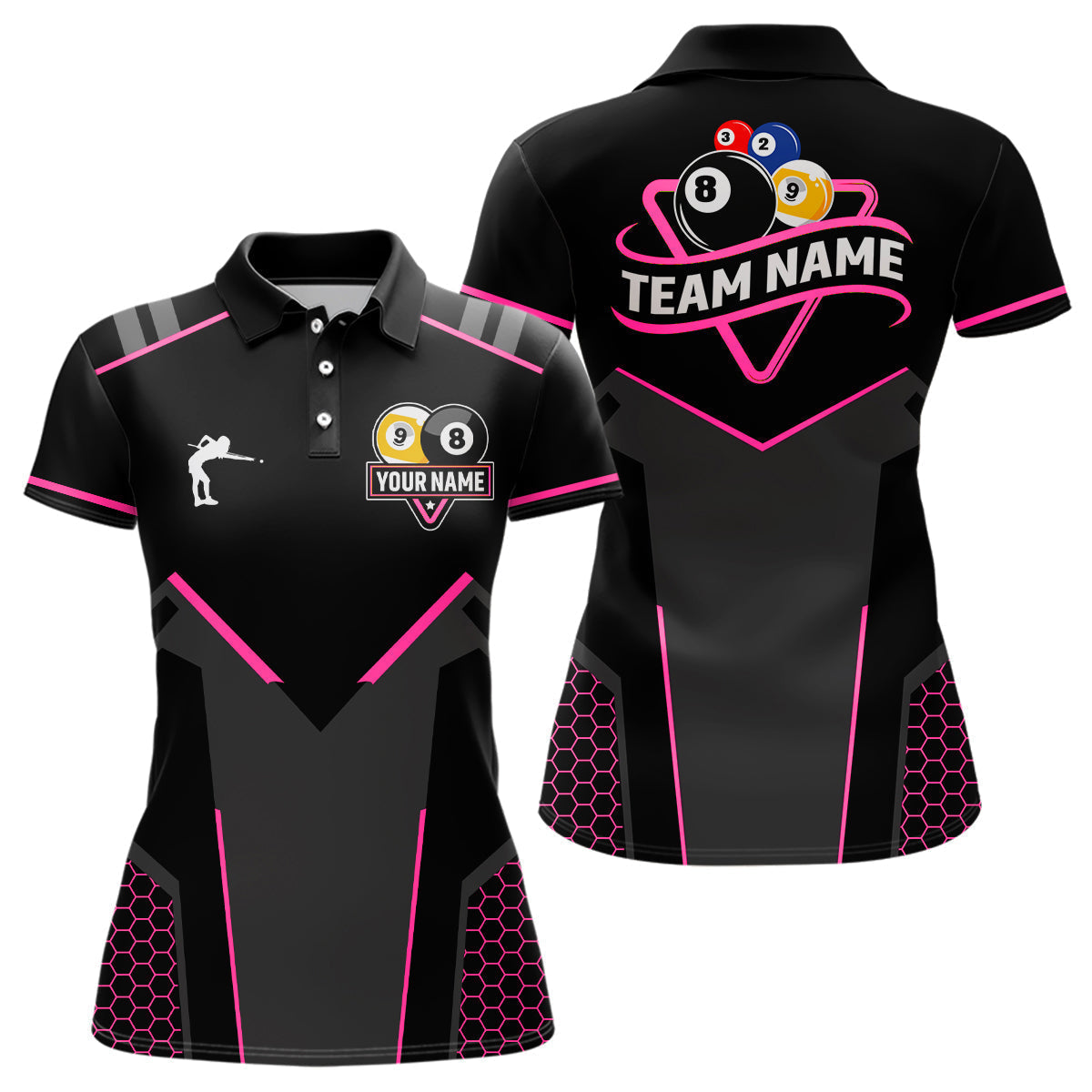 Blisscorners Personalized 8 Ball & 9 Ball Pool Billiard Polo, 1/4 Zip Custom Team Billiard Jersey|Pink