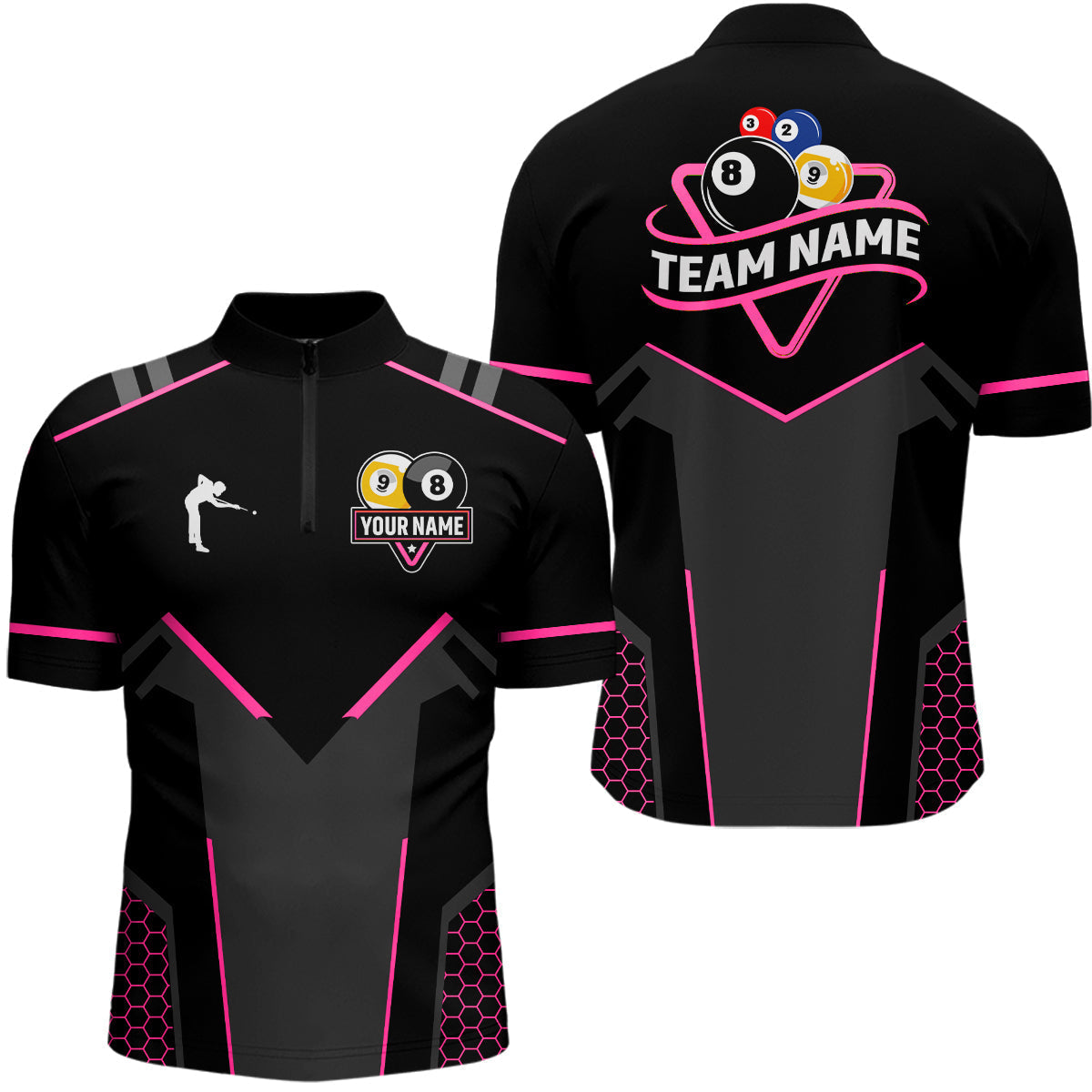 Blisscorners Personalized 8 Ball & 9 Ball Pool Billiard Polo, 1/4 Zip Custom Team Billiard Jersey|Pink