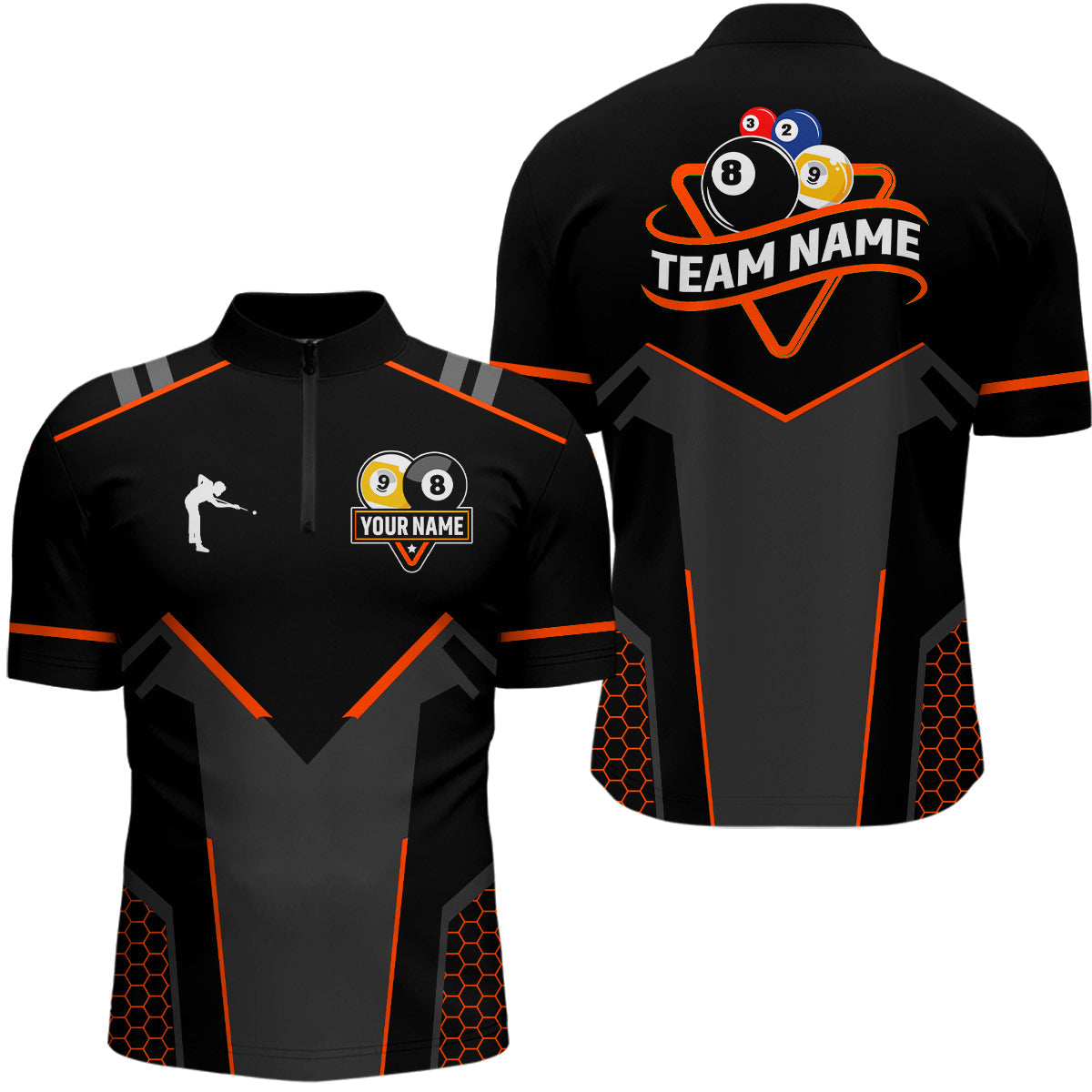 Blisscorners Personalized 8&9 Ball Pool Billiard Polo, 1/4 Zip For Mem&Women Custom Team Billiard Jersey|Orange
