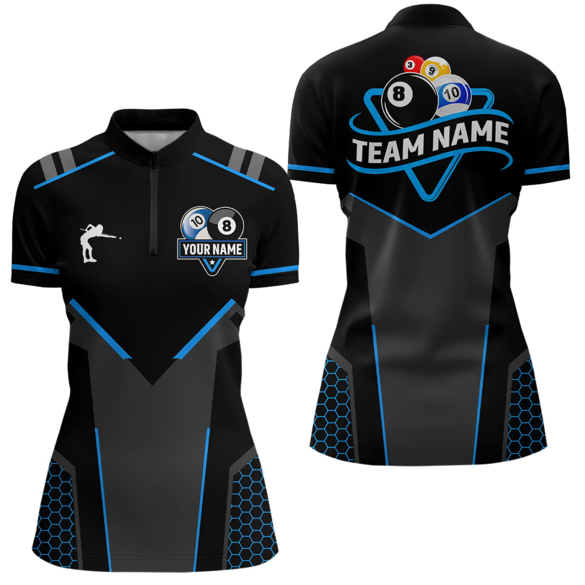 Blisscorners Personalized 8 Ball & 10 Ball Pool Billiard Polo, 1/4 Zip For Men&Women Custom Team Billiard Jersey