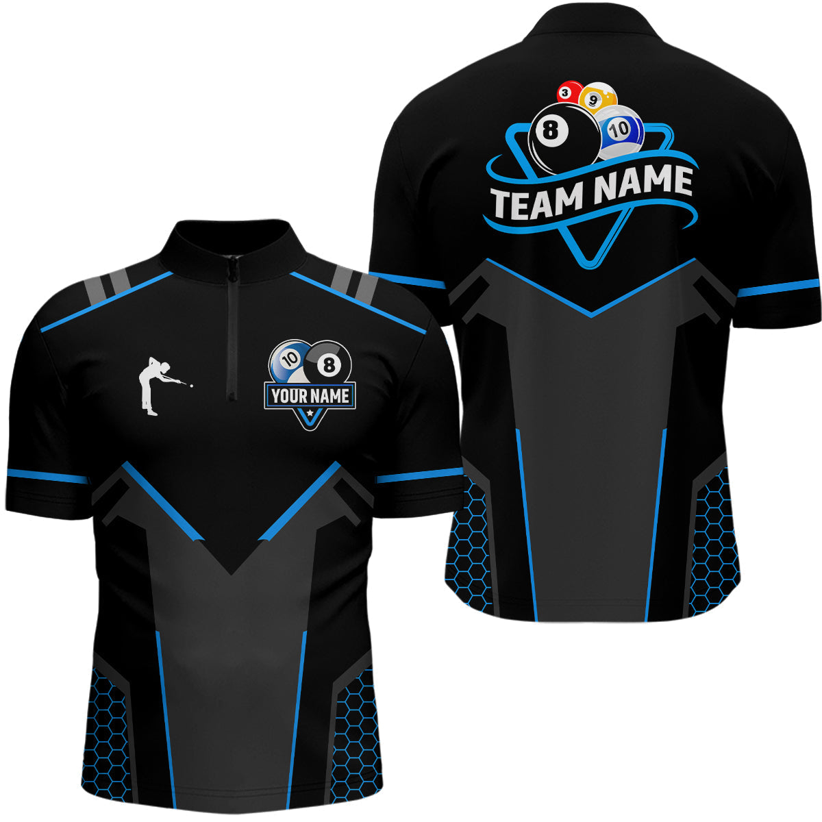 Blisscorners Personalized 8 Ball & 10 Ball Pool Billiard Polo, 1/4 Zip For Men&Women Custom Team Billiard Jersey