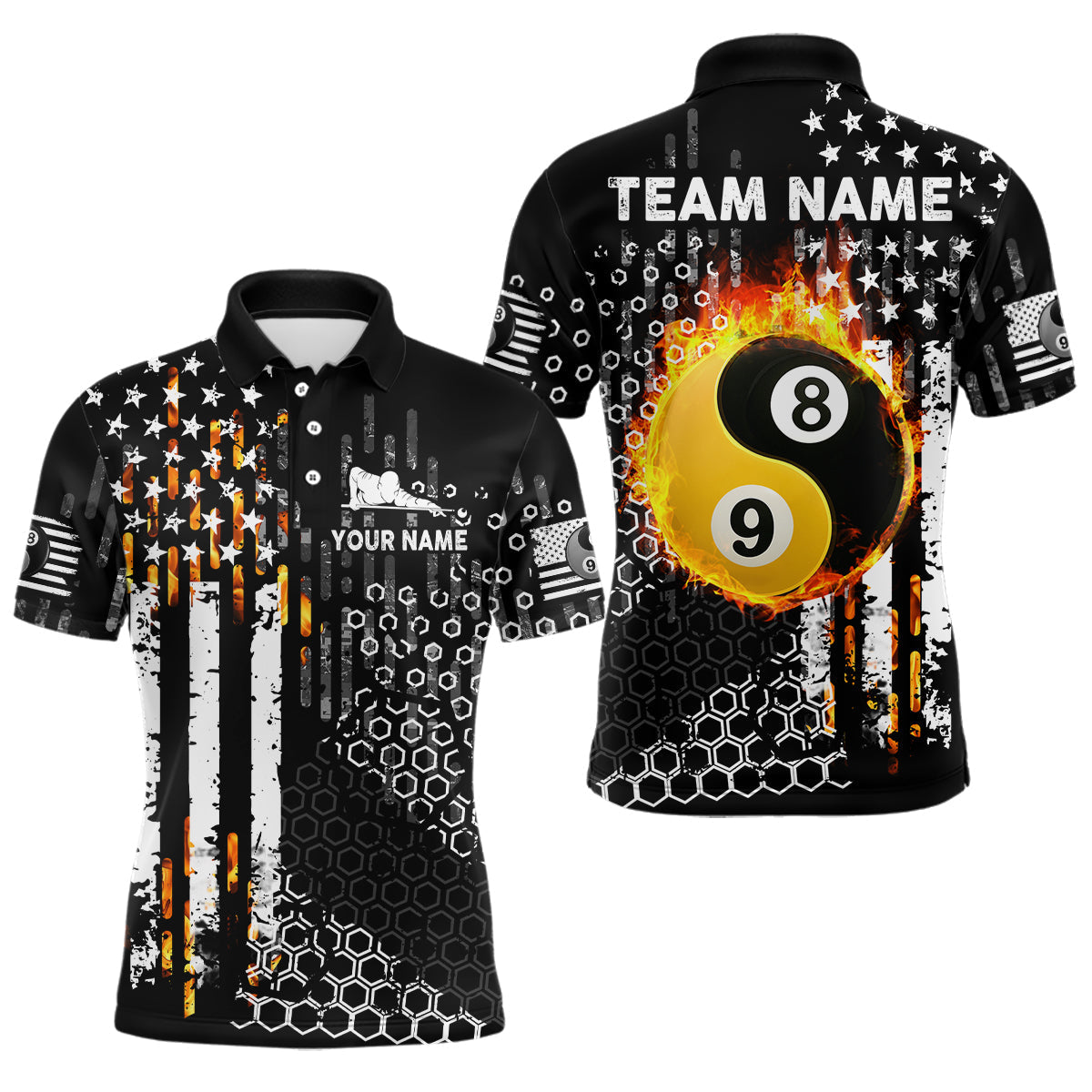 Blisscorners White Black Grunge US Flag Billiard Shirt For Men Custom Yin Yang 8&9 Ball Billiard Team Jerseys MT707