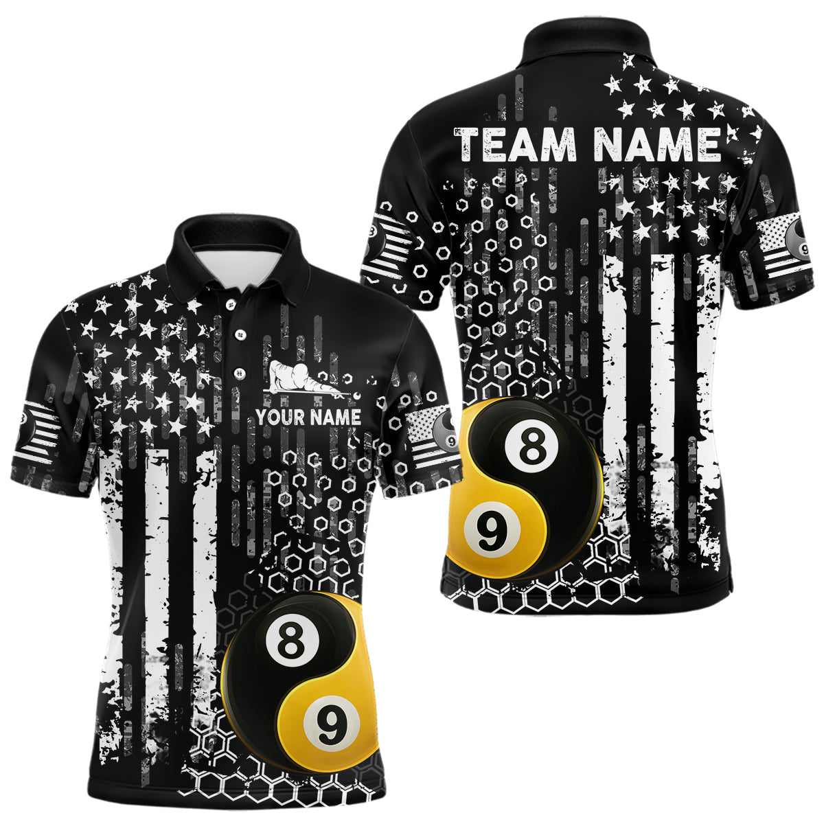 Blisscorners Custom Yin Yang 8 & 9 Ball Billiard Shirt For Men, White Black Grunge Us Flag Pool Team Jerseys MT707