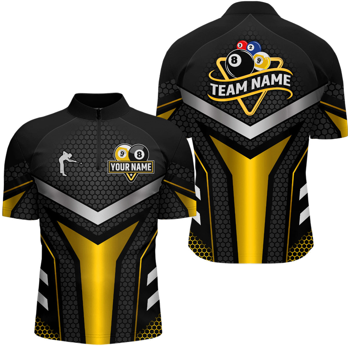 Blisscorners Personalized Billiard 8 Ball & 9 Ball Pool Polo, 1/4 Zip For Men Custom Team Billiard Jersey|Yellow LM3006