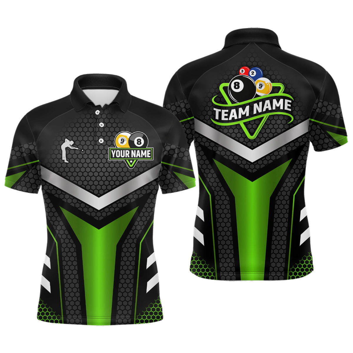 Blisscorners Personalized Billiard 8 Ball & 9 Ball Pool Polo, 1/4 Zip For Men Custom Team Billiard Jersey|Green LM3006