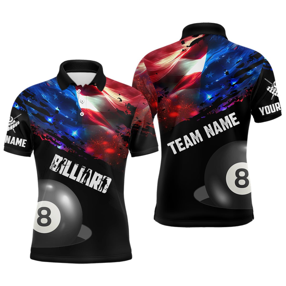 Blisscorners Personalized Glowing American Flag Billiard Shirt For Men Custom Patriotic 8 Ball Pool Team Jersey LM3006