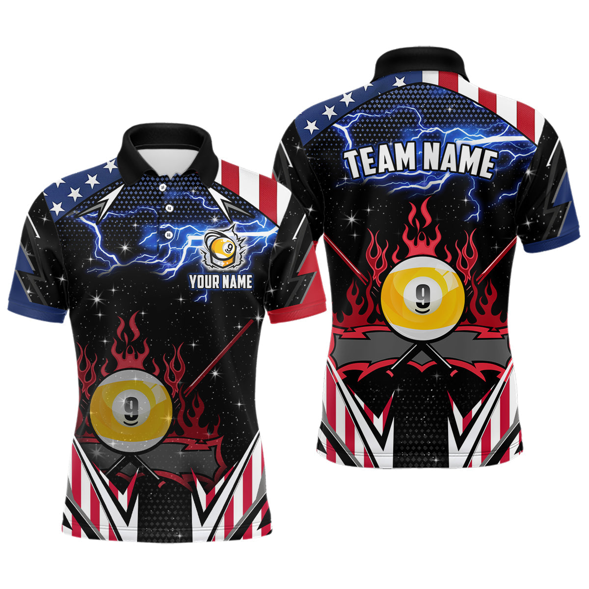 Blisscorners 9 Ball Pool Billiard Jerseys Custom Lightning American Flag Men Billiard Shirts, 9 Ball Team Shirts