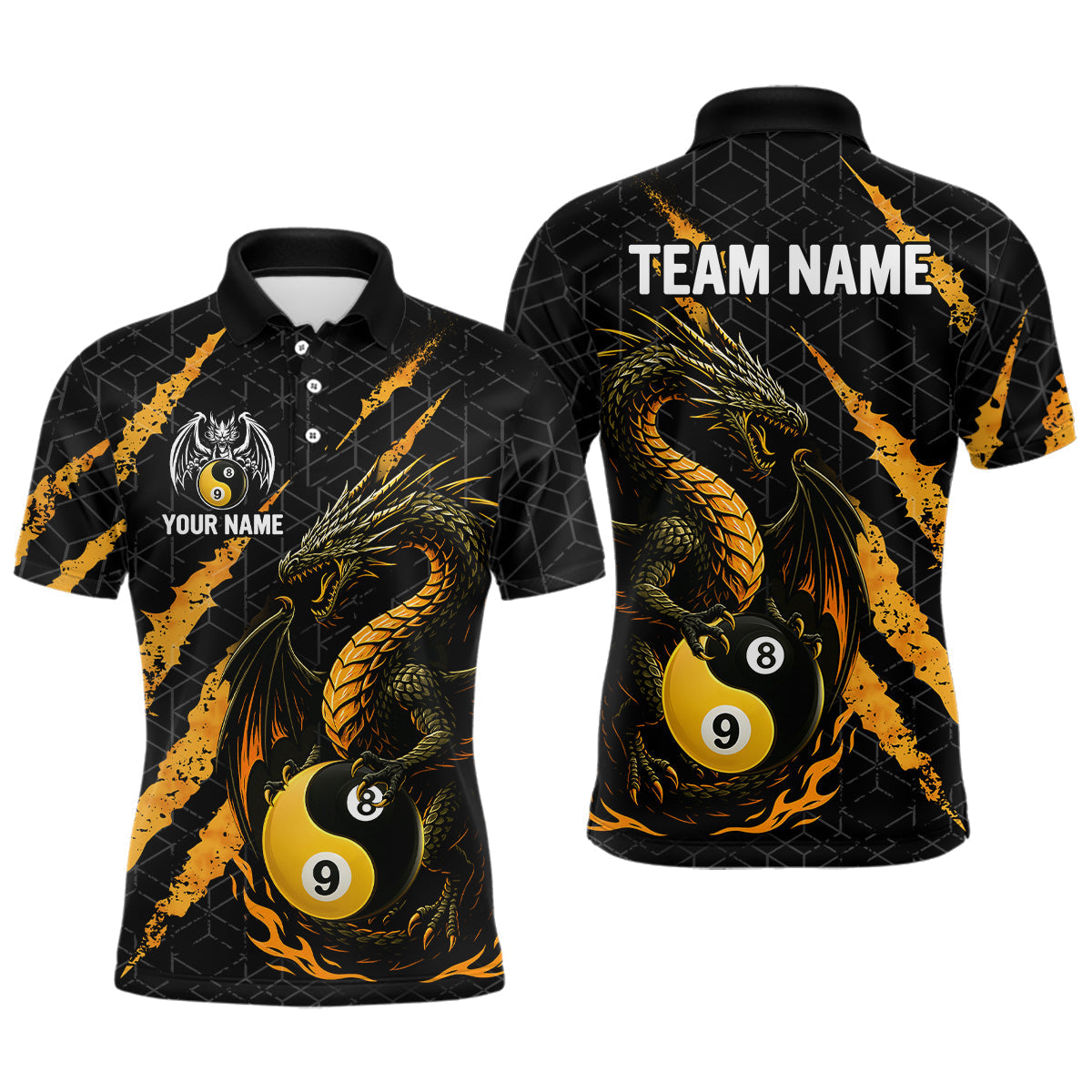 Blisscorners Custom Yellow Black Yin Yang 8 Ball & 9 Ball Dragon Billiard Shirts For Men |Pool Team Jerseys