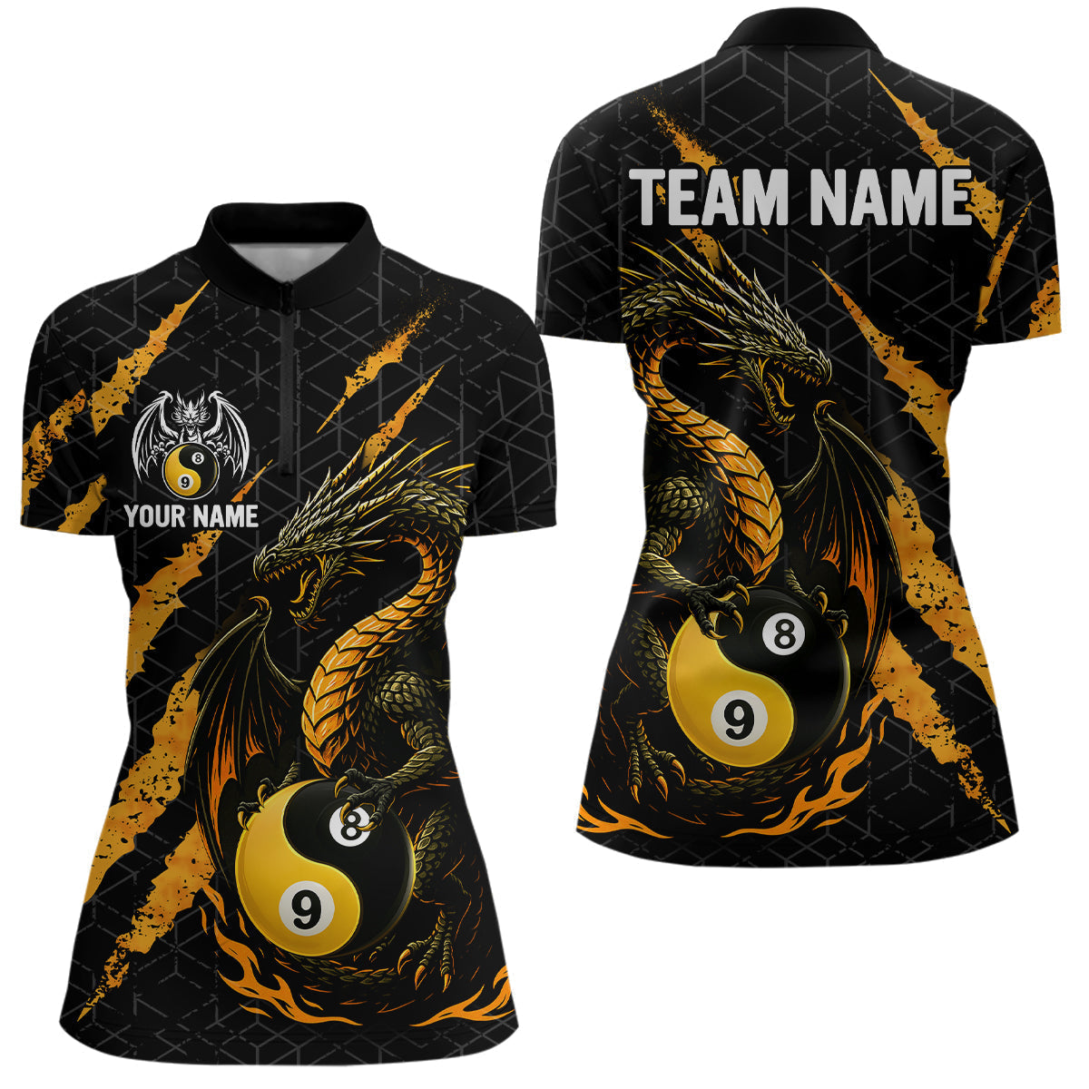 Blisscorners Custom Yellow Black Yin Yang 8 Ball & 9 Ball Dragon Billiard Shirts For Men |Pool Team Jerseys