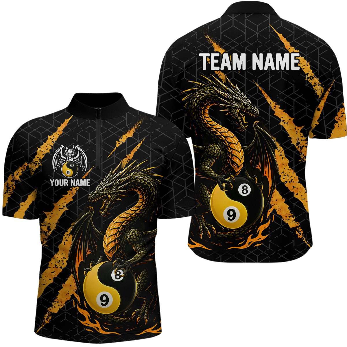 Blisscorners Custom Yellow Black Yin Yang 8 Ball & 9 Ball Dragon Billiard Shirts For Men |Pool Team Jerseys