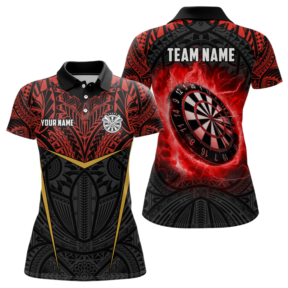 Blisscorners Personalized Red Black Tribal Pattern Darts Polo & 1/4 Zip Custom Dart Shirt For Men, Dart Jerseys
