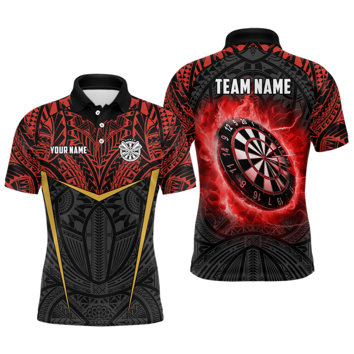 Blisscorners Personalized Red Black Tribal Pattern Darts Polo & 1/4 Zip Custom Dart Shirt For Men, Dart Jerseys
