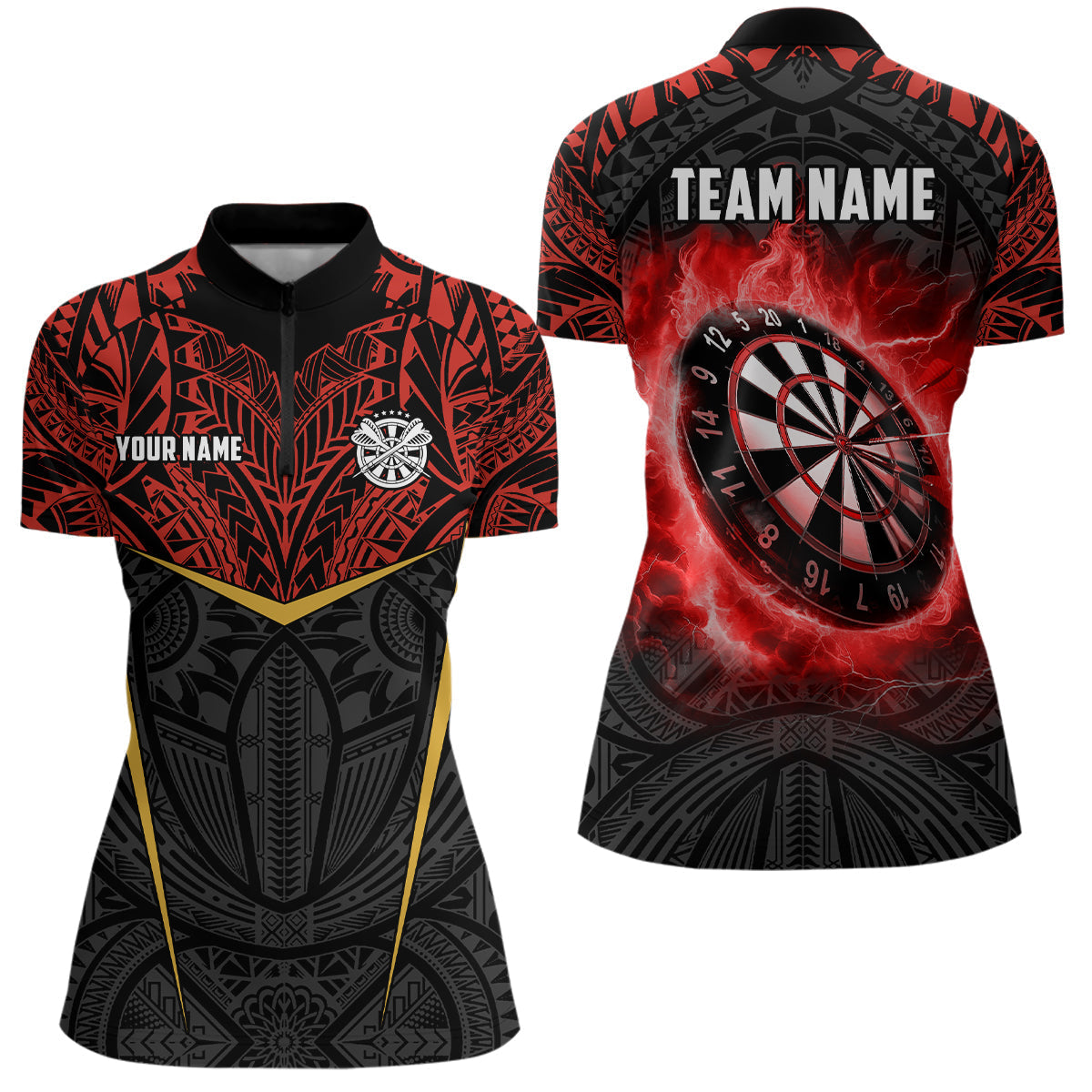 Blisscorners Personalized Red Black Tribal Pattern Darts Polo & 1/4 Zip Custom Dart Shirt For Men, Dart Jerseys