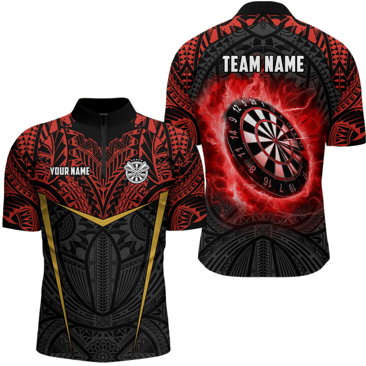 Blisscorners Personalized Red Black Tribal Pattern Darts Polo & 1/4 Zip Custom Dart Shirt For Men, Dart Jerseys