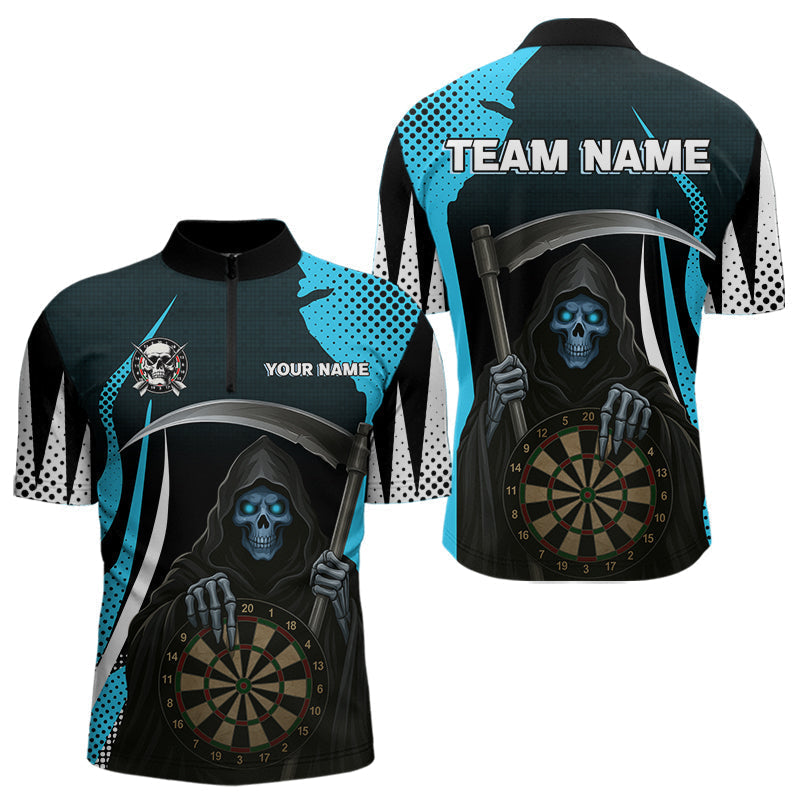 Blisscorners Personalized Blue Grim Reaper Dart Shirt For Men Custom Skull Dart Jerseys Team Polo & 1/4 ZipLM2206