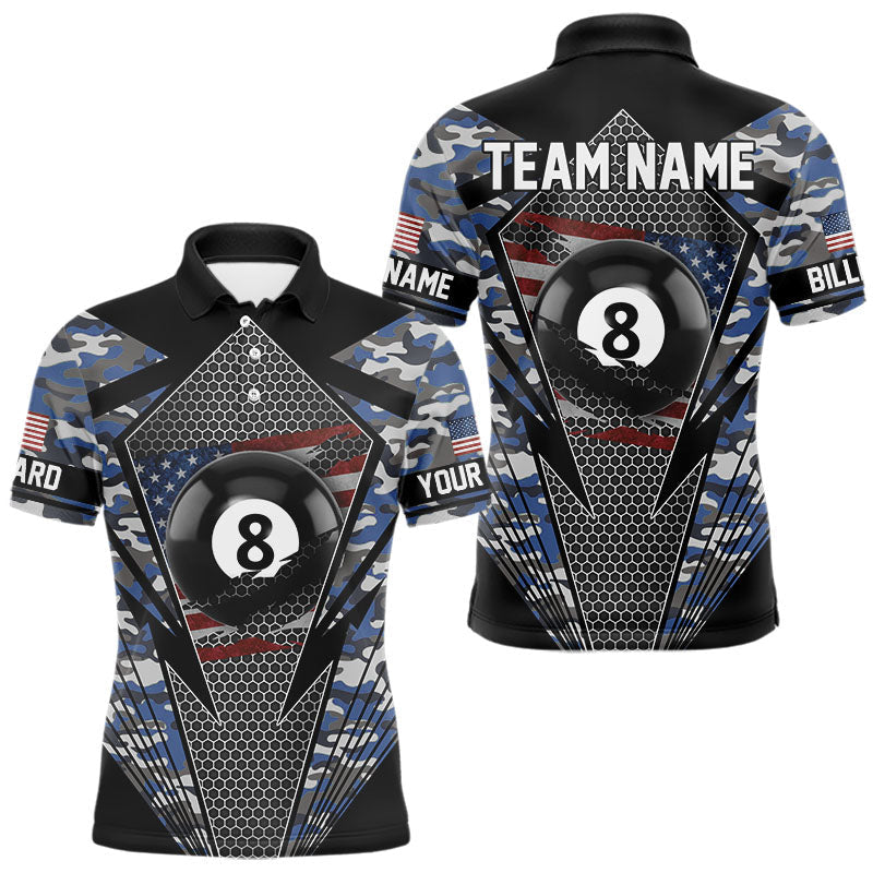 Blisscorners Personalized Blue Camo 8 Ball Pool Billiard Shirt For Men, Patriotic US Flag Billiard Team Jersey LM2206