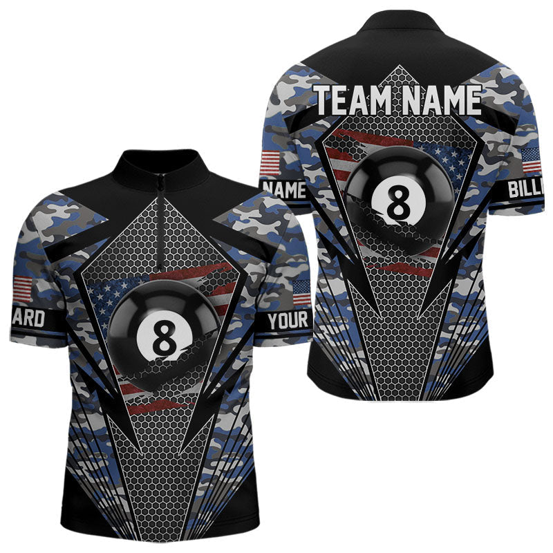 Blisscorners Personalized Blue Camo 8 Ball Pool Billiard Shirt For Men, Patriotic US Flag Billiard Team Jersey LM2206