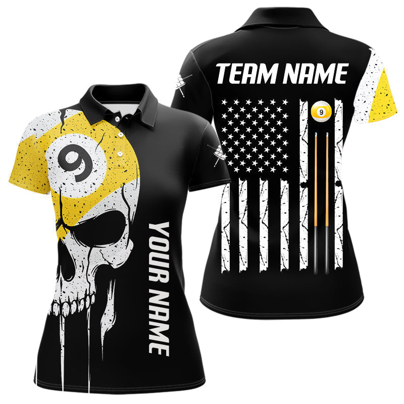 Blisscorners Personalized 9 Ball Skull Billiard Shirt For Men, American Flag Pool Team Jerseys Polo & 1/4 Zip LM3006