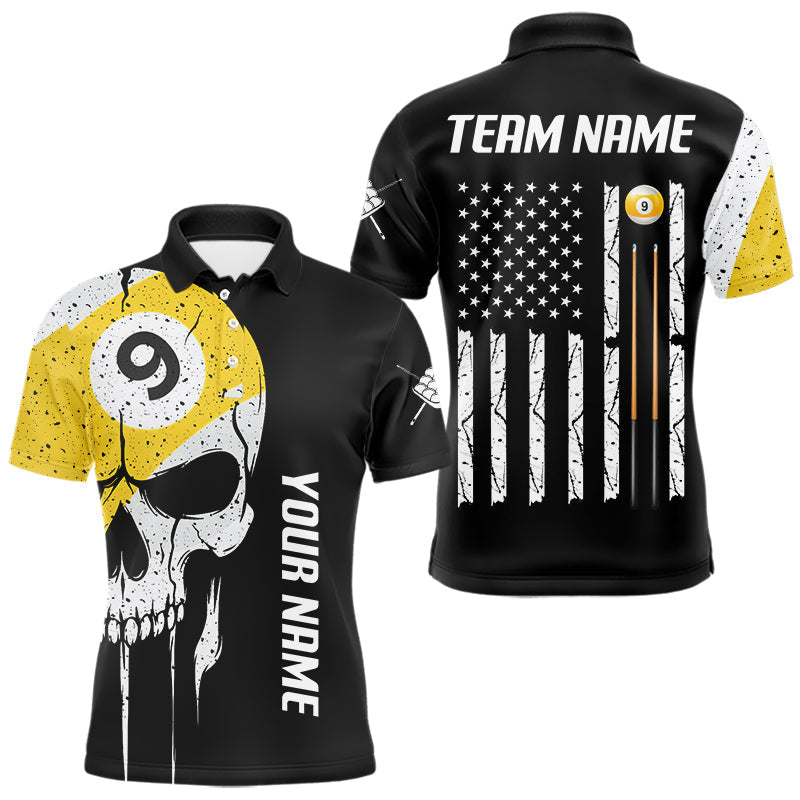 Blisscorners Personalized 9 Ball Skull Billiard Shirt For Men, American Flag Pool Team Jerseys Polo & 1/4 Zip LM3006
