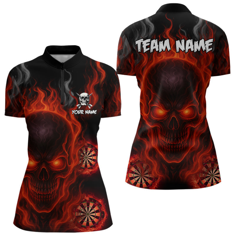 Blisscorners Flaming Skull Darts Shirt For Men Custom Red Darts Jerseys Team Polo & Quarter Zip, Darts Gifts