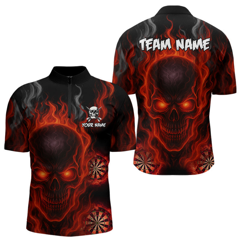 Blisscorners Flaming Skull Darts Shirt For Men Custom Red Darts Jerseys Team Polo & Quarter Zip, Darts Gifts