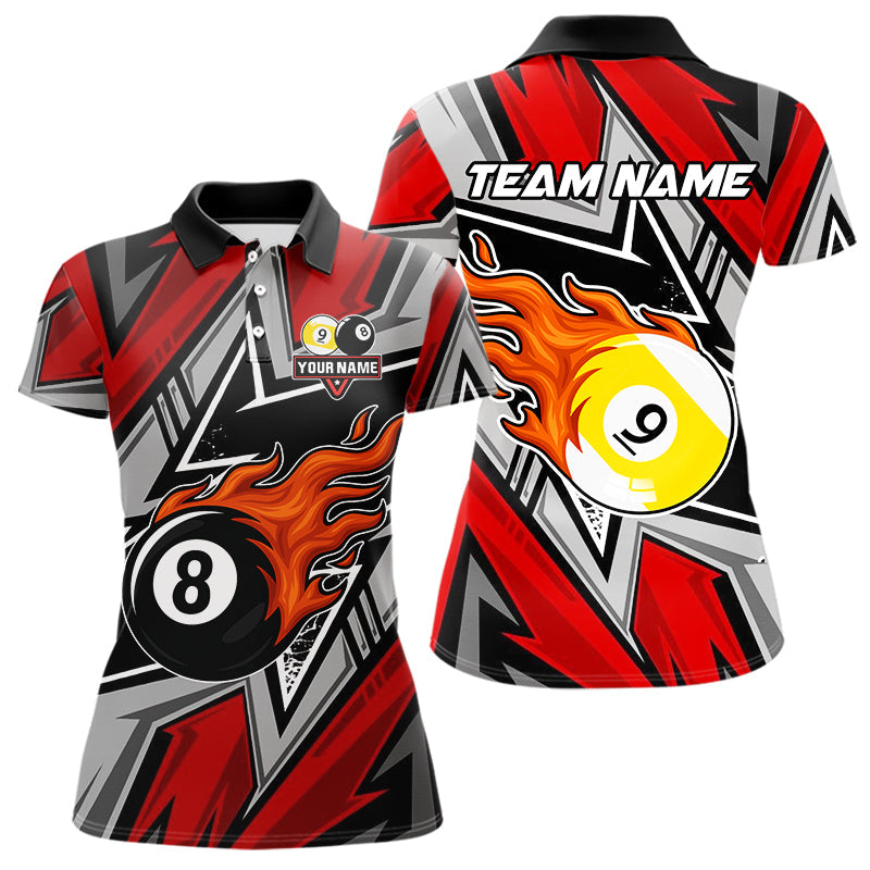 Blisscorners Personalized Men's Billiard Shirts, Flame 8&9 Ball Custom Red Zig-Zag Billiard Team Jerseys