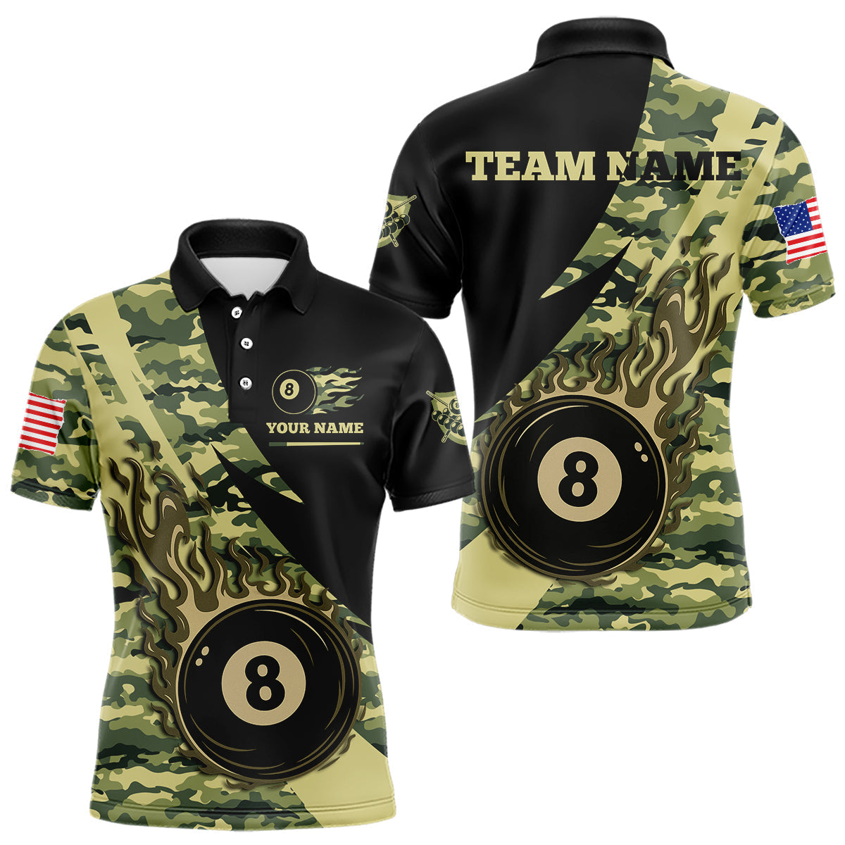 Blisscorners Personalized Flame 8 Ball Pool Military Green Camo Billiard Shirts For Men Custom Pool Team Jersey LM2206