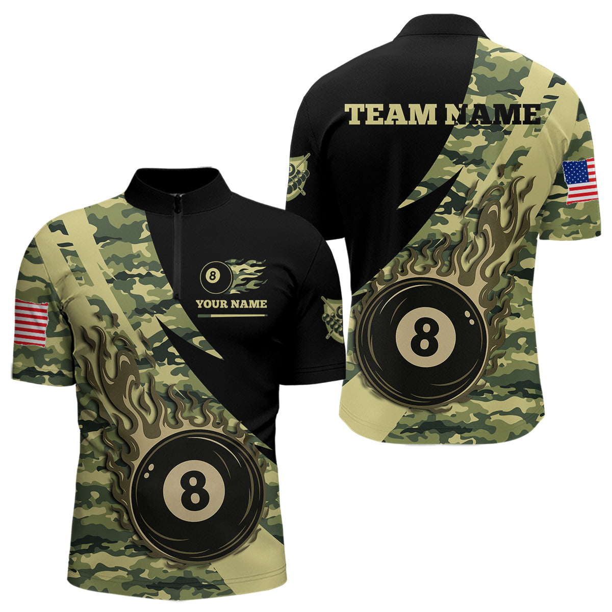 Blisscorners Personalized Flame 8 Ball Pool Military Green Camo Billiard Shirts For Men Custom Pool Team Jersey LM2206