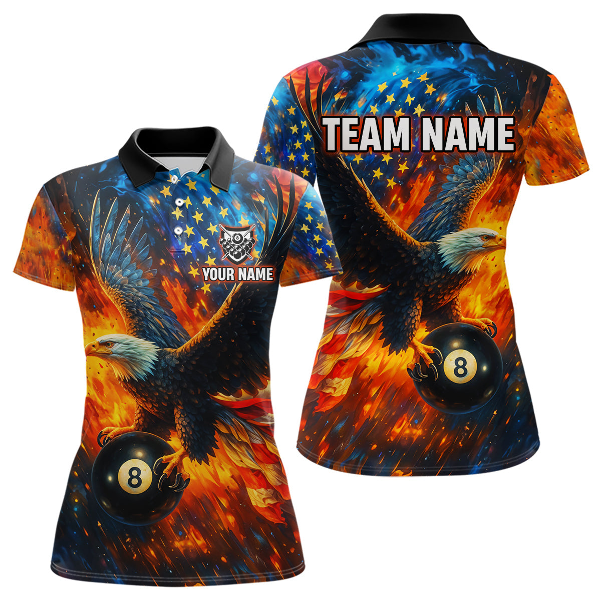 Blisscorners Personalized Flaming American Flag 8 Ball Eagle Billiard Shirt For Men, Patriotic Pool Team Jersey LM3006