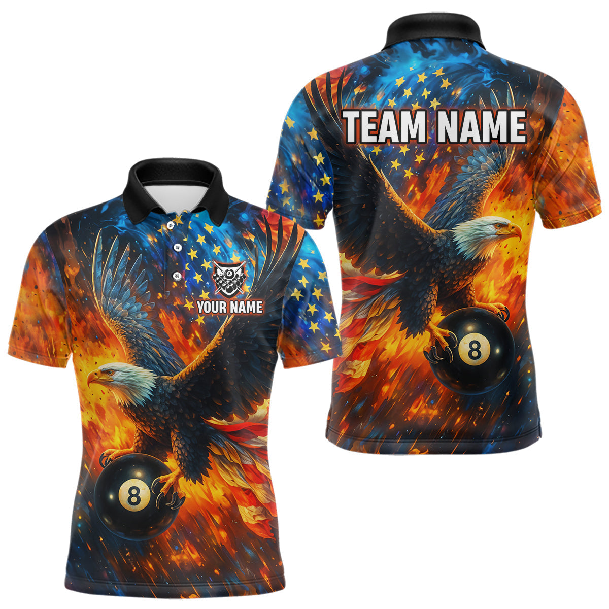 Blisscorners Personalized Flaming American Flag 8 Ball Eagle Billiard Shirt For Men, Patriotic Pool Team Jersey LM3006