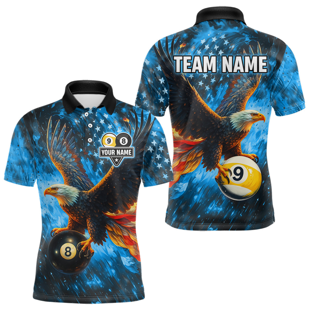 Blisscorners Personalized Blue Flaming US Flag 8 Ball & 9 Ball Eagle Billiard Shirt For Men, Pool Team Jersey LM3006