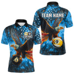 Blisscorners Personalized Blue Flaming US Flag 8 Ball & 9 Ball Eagle Billiard Shirt For Men, Pool Team Jersey LM3006