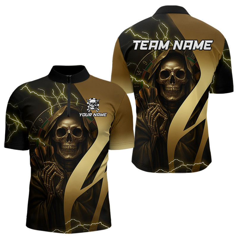 Blisscorners Personalized Golden Grim Reaper Lightning Darts Shirt For Men, Darts Team Jersey Polo &1/4 Zip LM3006