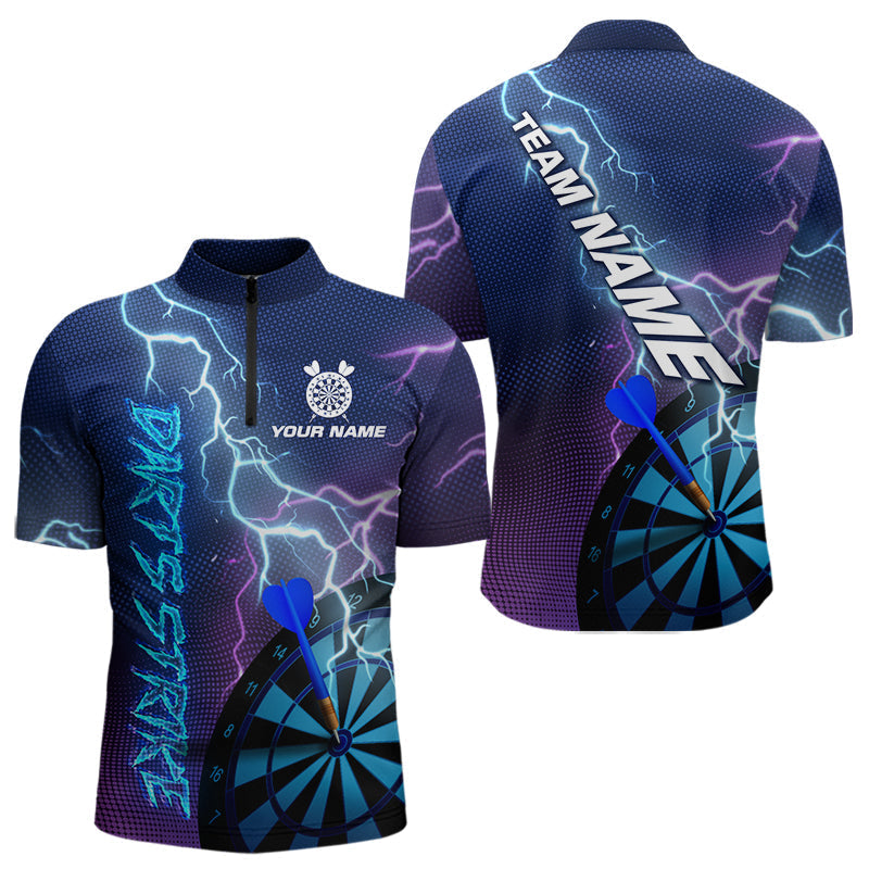 Blisscorners Custom Purple Blue Lightning Strike Dart Shirts For Men, Darts Team Jersey Polo & 1/4 Zip Outfit