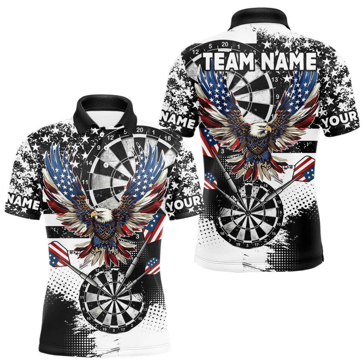 Blisscorners Custom Dart Shirt For Women, Grunge Eagle American Flag Black White Polo, 1/4 Zip Darts Jersey LM154