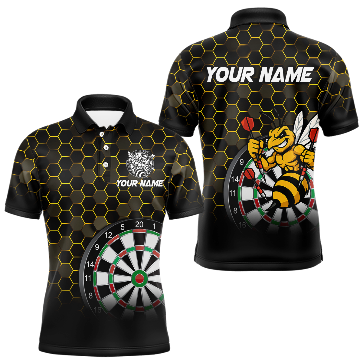 Blisscorners Funny Bee Hexagon Dart Shirts For Men– Custom Darts Team Polo & Quarter Zip Jerseys