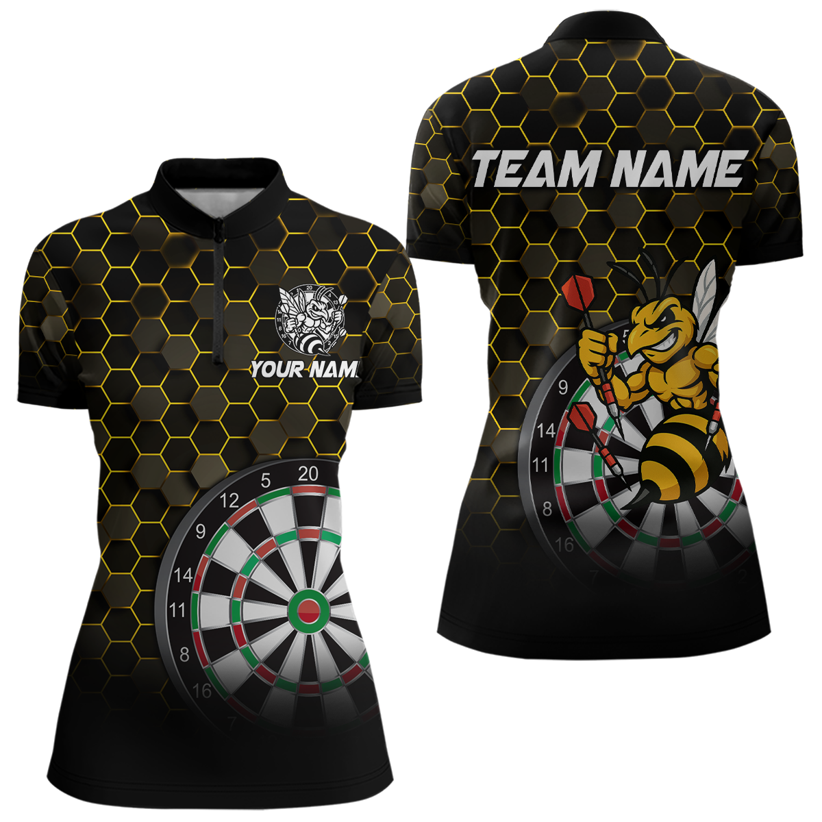 Blisscorners Funny Bee Hexagon Dart Shirts For Men– Custom Darts Team Polo & Quarter Zip Jerseys