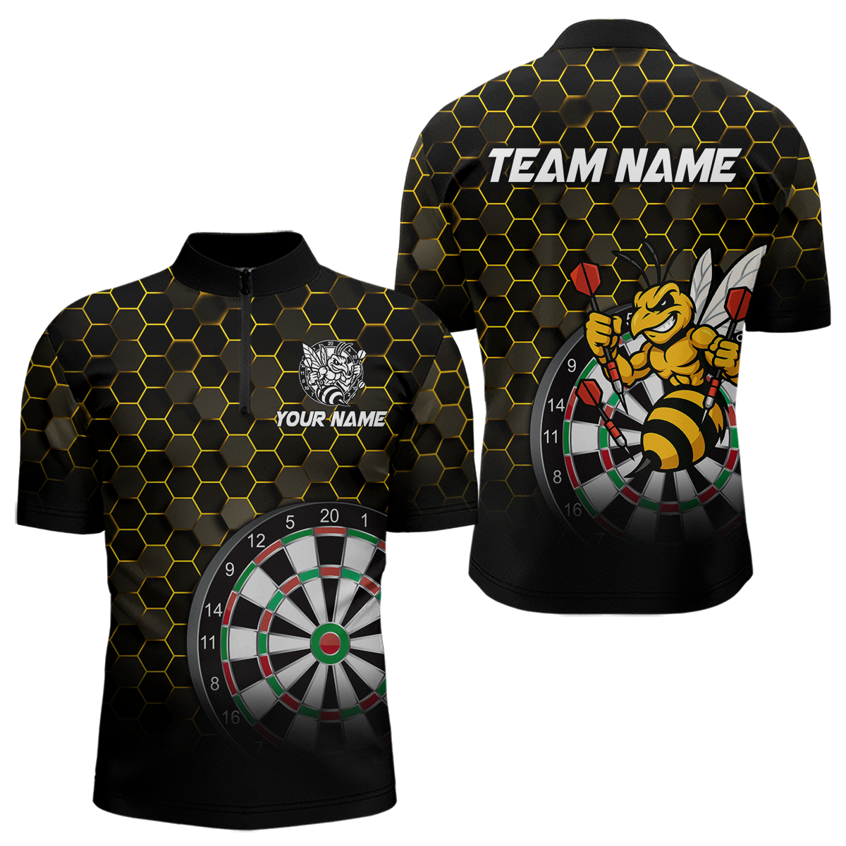 Blisscorners Funny Bee Hexagon Dart Shirts For Men– Custom Darts Team Polo & Quarter Zip Jerseys